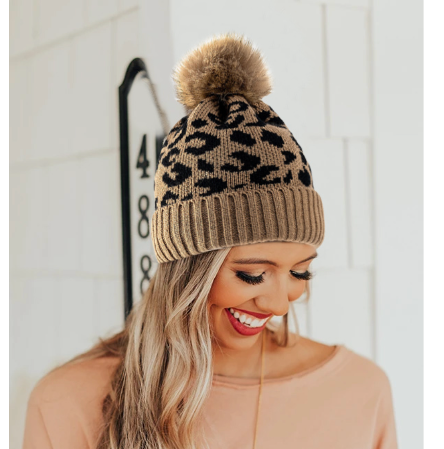 Leopard Knitted Beanie Hat - Khaki